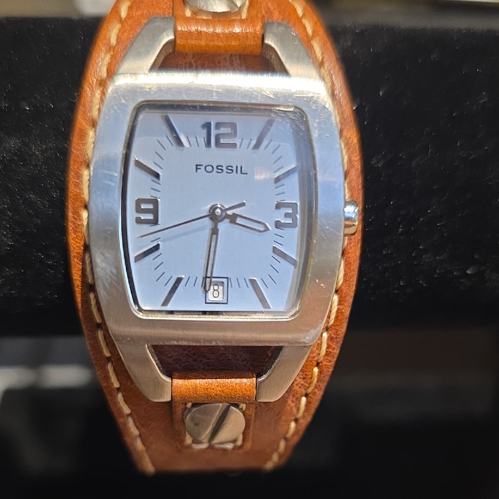 Fossil Silver Dial Watch with Brown Leather Band